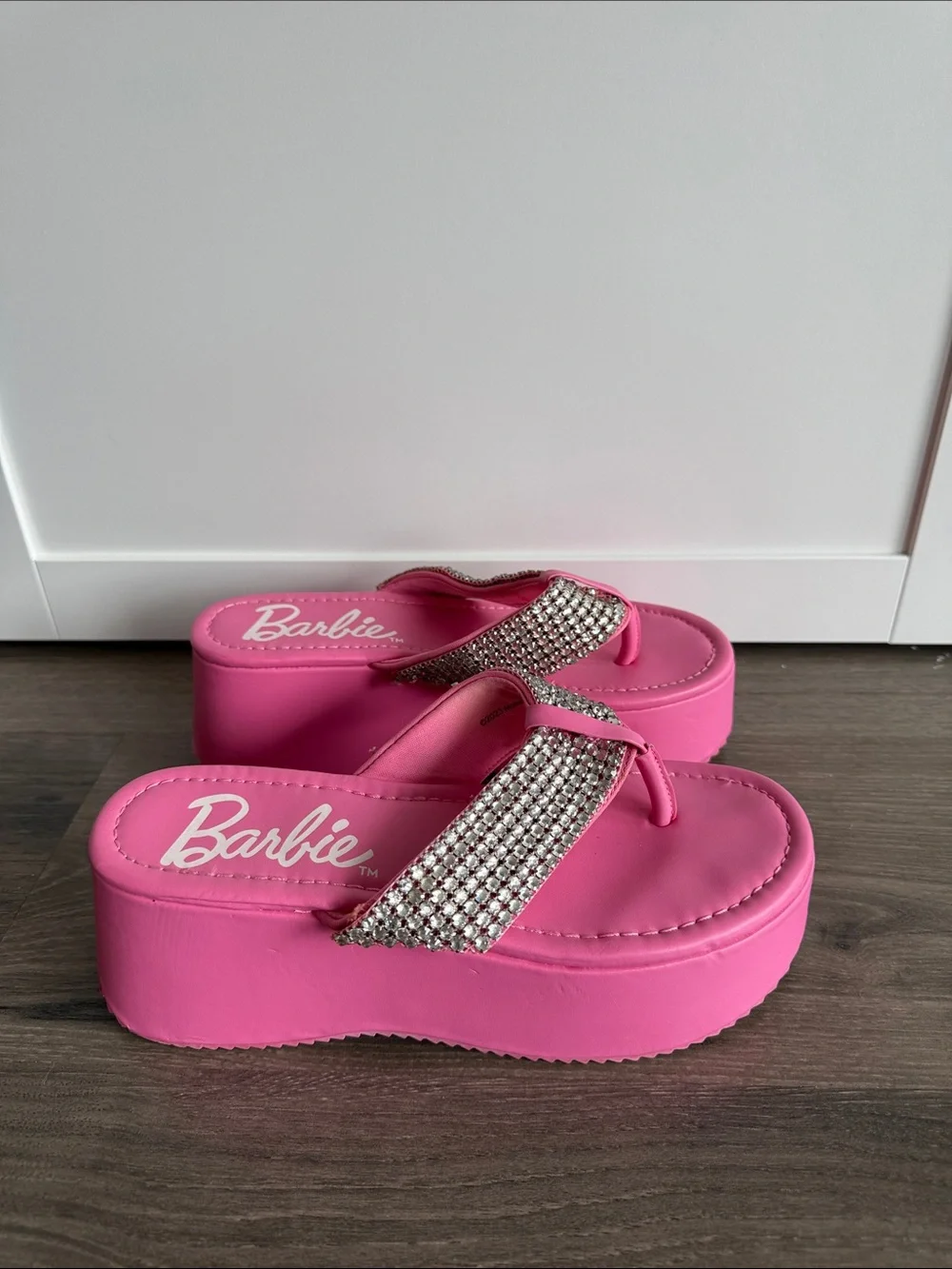 Forever 21 Barbie Pink Rhinestone Platform Flip Flops